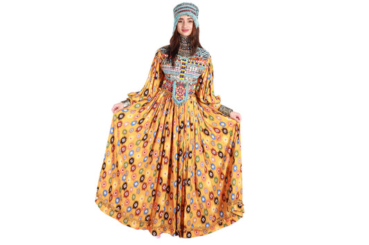 #LDo61 Long Dress (Cotton, Yellow Multicolor)